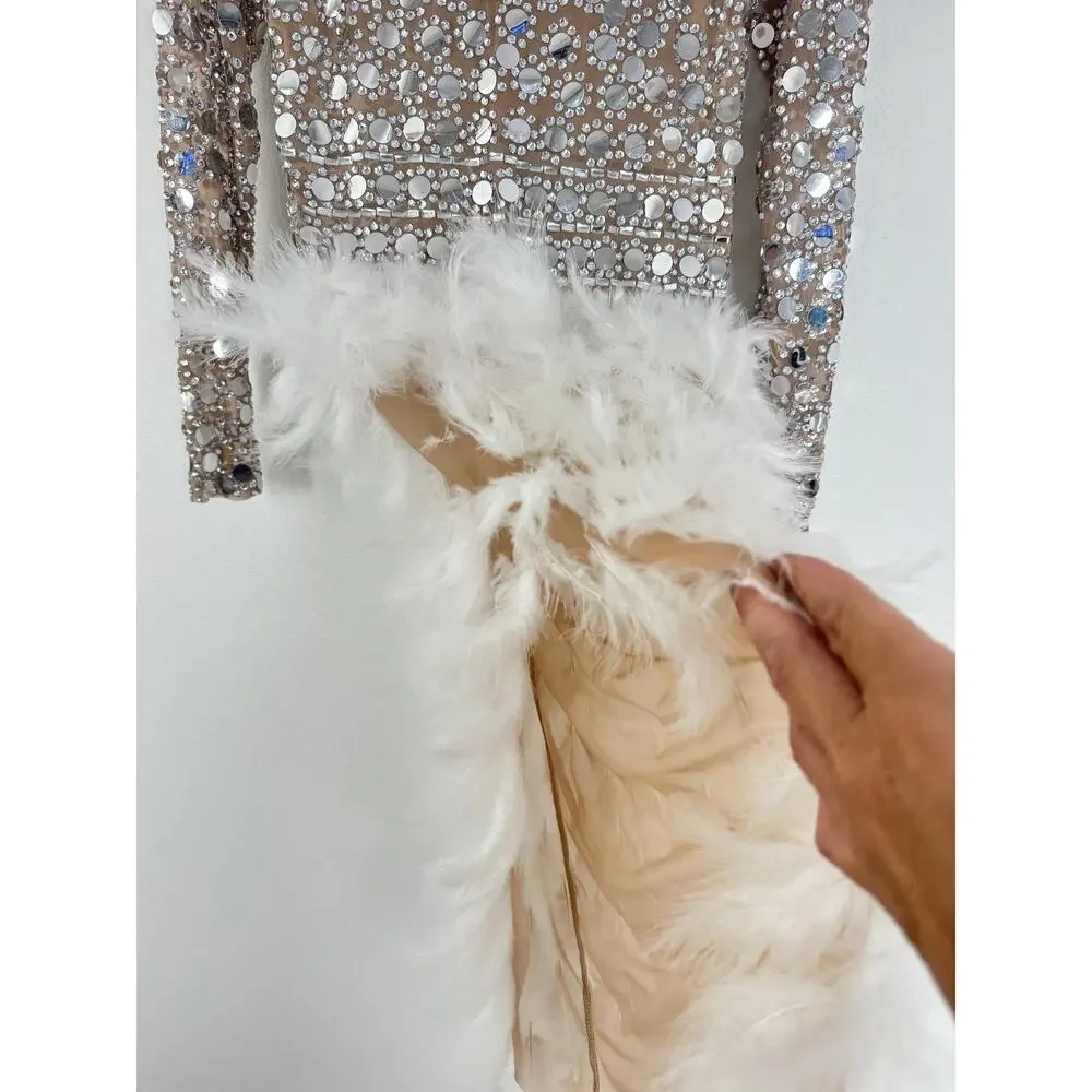 PURE X CHAOS Feather Dress Womens Large White Rhinestone Festival Party Show - Picture 12 of 15